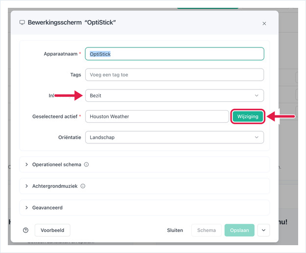 Edit Screen dialog with Content Type set to Asset and the Change button highlighted