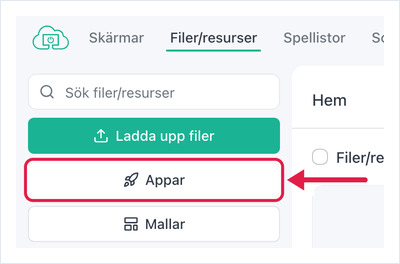 OptiSigns Files/Assets page with the Apps button highlighted in the left sidebar