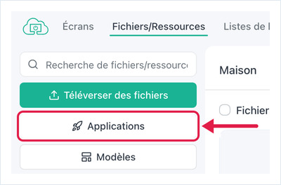 OptiSigns Files/Assets page with the Apps button highlighted in the left sidebar