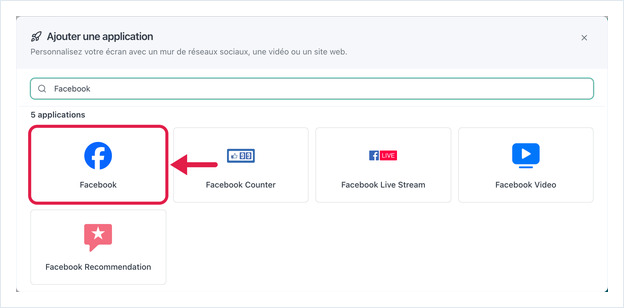 Add App dialog with Facebook in the search box and the Facebook app card highlighted