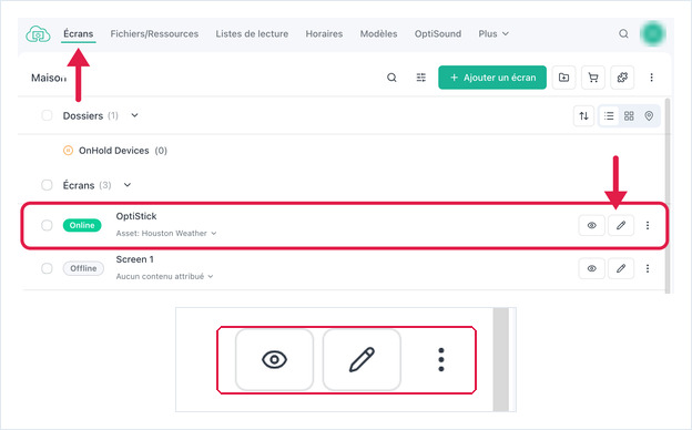 Screens list with a screen row highlighted and its Edit button magnified below