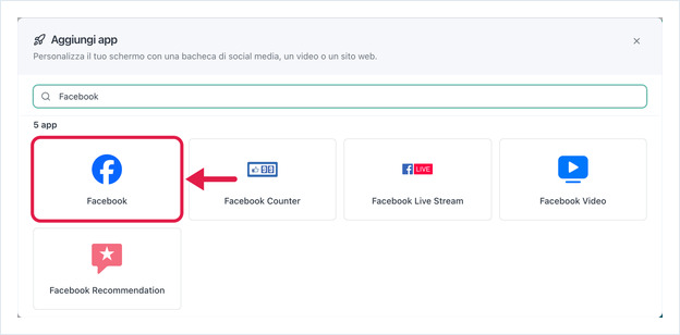 Add App dialog with Facebook in the search box and the Facebook app card highlighted