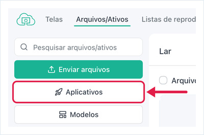 OptiSigns Files/Assets page with the Apps button highlighted in the left sidebar