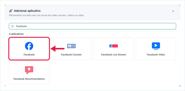Add App dialog with Facebook in the search box and the Facebook app card highlighted