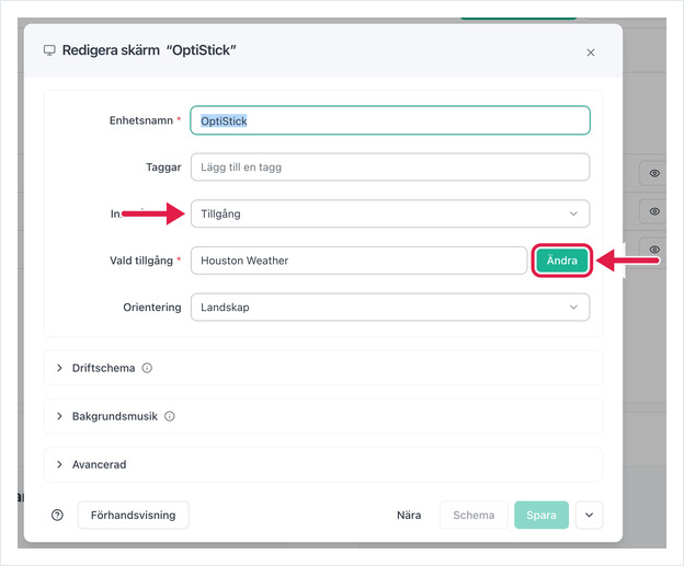 Edit Screen dialog with Content Type set to Asset and the Change button highlighted