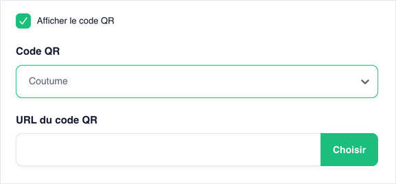 Show QR Code checked, with QR Code set to Custom and a QR Code URL field