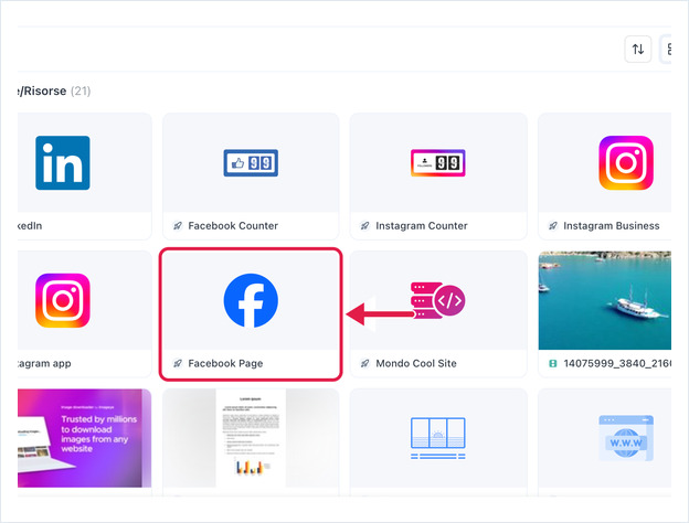 Select Asset dialog with the Facebook Page asset highlighted
