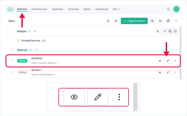 Screens list with a screen row highlighted and its Edit button magnified below