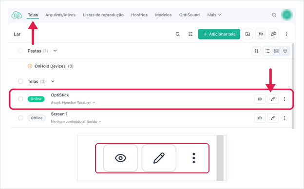 Screens list with a screen row highlighted and its Edit button magnified below