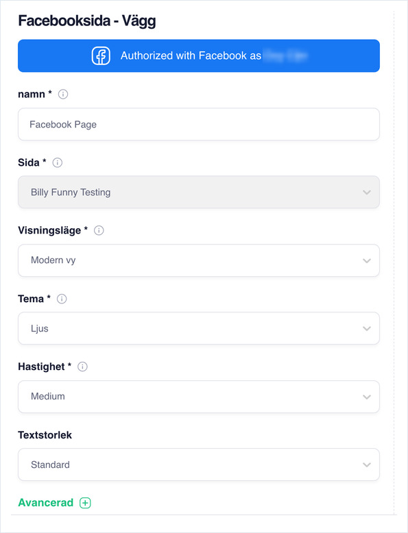 Facebook wall settings: Name, Page, Display Mode, Theme, Speed and Font Size