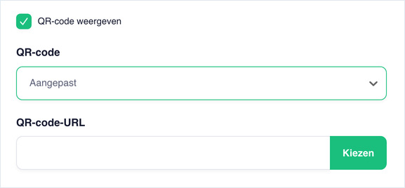 Show QR Code checked, with QR Code set to Custom and a QR Code URL field
