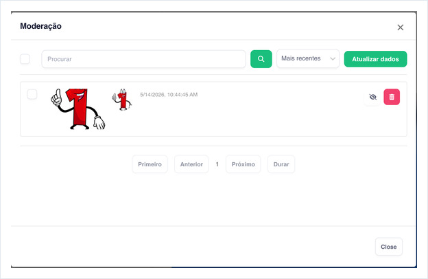 Moderation popup listing a Facebook post with hide and delete buttons