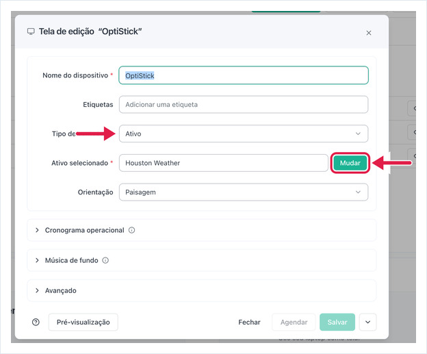 Edit Screen dialog with Content Type set to Asset and the Change button highlighted