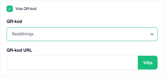Show QR Code checked, with QR Code set to Custom and a QR Code URL field