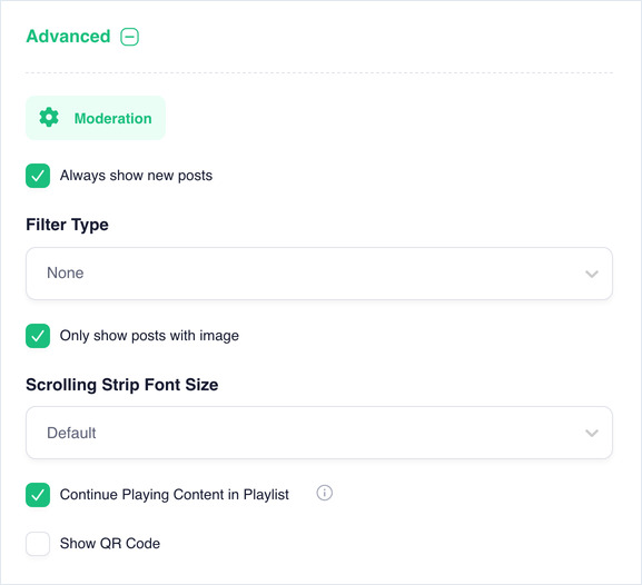 Advanced section expanded showing Moderation, Filter Type and Show QR Code