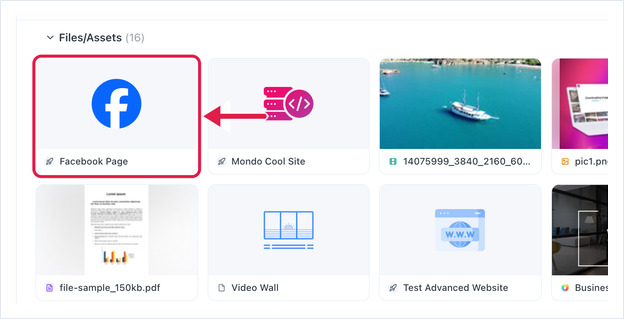 Select Asset dialog with the Facebook Page asset highlighted