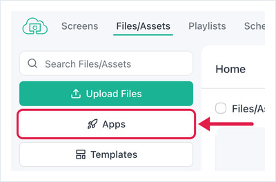 OptiSigns Files/Assets page with the Apps button highlighted in the left sidebar