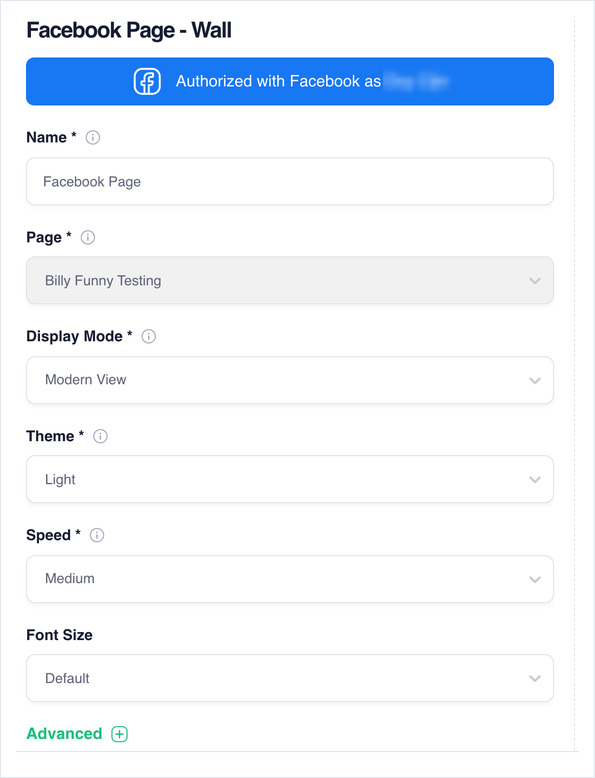 Facebook wall settings: Name, Page, Display Mode, Theme, Speed and Font Size