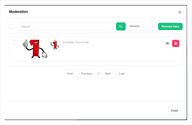 Moderation popup listing a Facebook post with hide and delete buttons