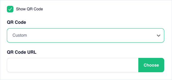 Show QR Code checked, with QR Code set to Custom and a QR Code URL field