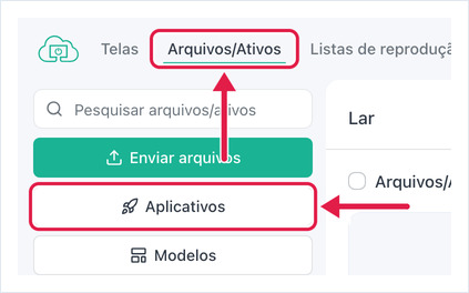 Aba Arquivos/Ativos e o botão Aplicativos destacados no portal do OptiSigns