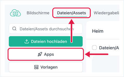 Registerkarte Dateien/Assets und die hervorgehobene Schaltfläche Apps im OptiSigns-Portal