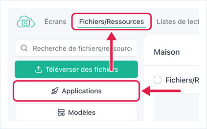 Onglet Fichiers/Ressources et bouton Applications mis en évidence dans le portail OptiSigns