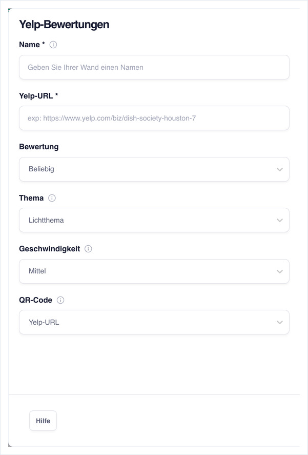 Konfigurationsformular der Yelp-Bewertungswand: Name, Yelp-URL, Bewertung, Thema, Geschwindigkeit und QR-Code