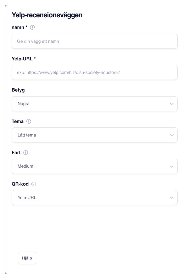 Konfigurationsformulär för Yelp-recensionsväggen: namn, Yelp-URL, Betyg, Tema, Fart och QR-kod