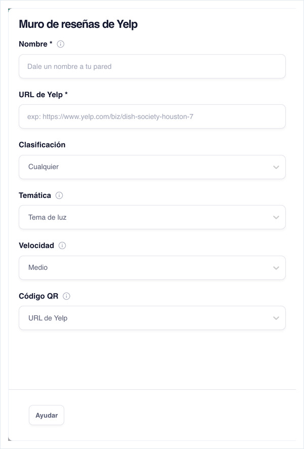 Formulario de configuración del muro de reseñas de Yelp: Nombre, URL de Yelp, Clasificación, Temática, Velocidad y Código QR