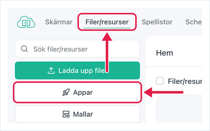 Fliken Filer/resurser och knappen Appar markerade i OptiSigns-portalen