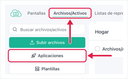 Pestaña Archivos/Activos y el botón Aplicaciones resaltados en el portal de OptiSigns