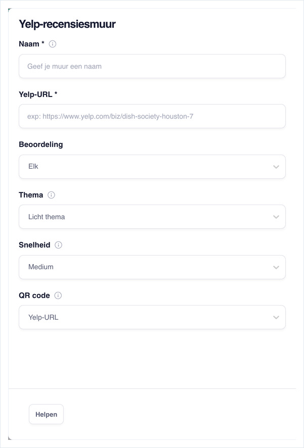 Configuratieformulier van de Yelp-recensiesmuur: Naam, Yelp-URL, Beoordeling, Thema, Snelheid en QR code