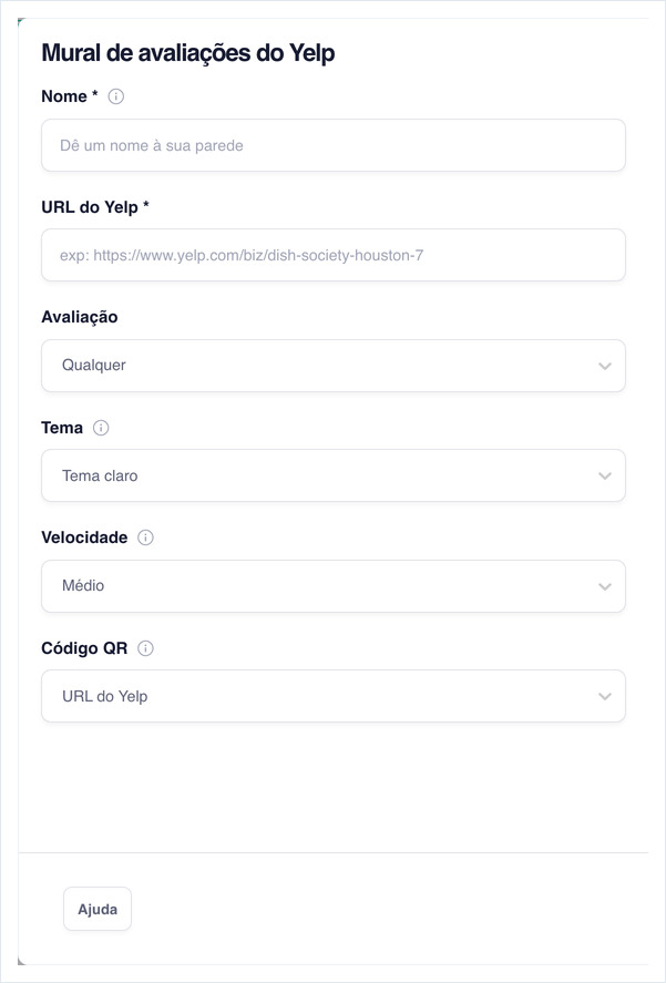 Formulário de configuração do mural de avaliações do Yelp: Nome, URL do Yelp, Avaliação, Tema, Velocidade e Código QR