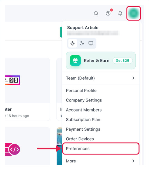 preference setting in account drop down menu