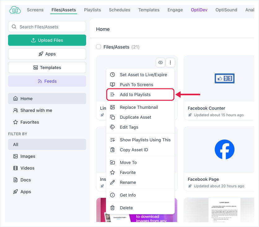 Menu della risorsa aperto con Aggiungi alle Playlist evidenziato