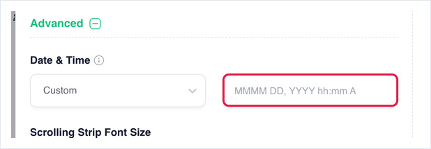 Date & heure réglée sur Personnalisé, avec le champ de format personnalisé MMMM DD, YYYY hh:mm A mis en évidence.