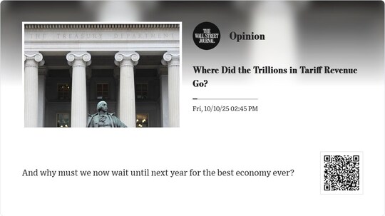 De Wall Street Journal-app op een scherm: een Opinion-kop, foto, datum en een QR-code om het artikel te openen.