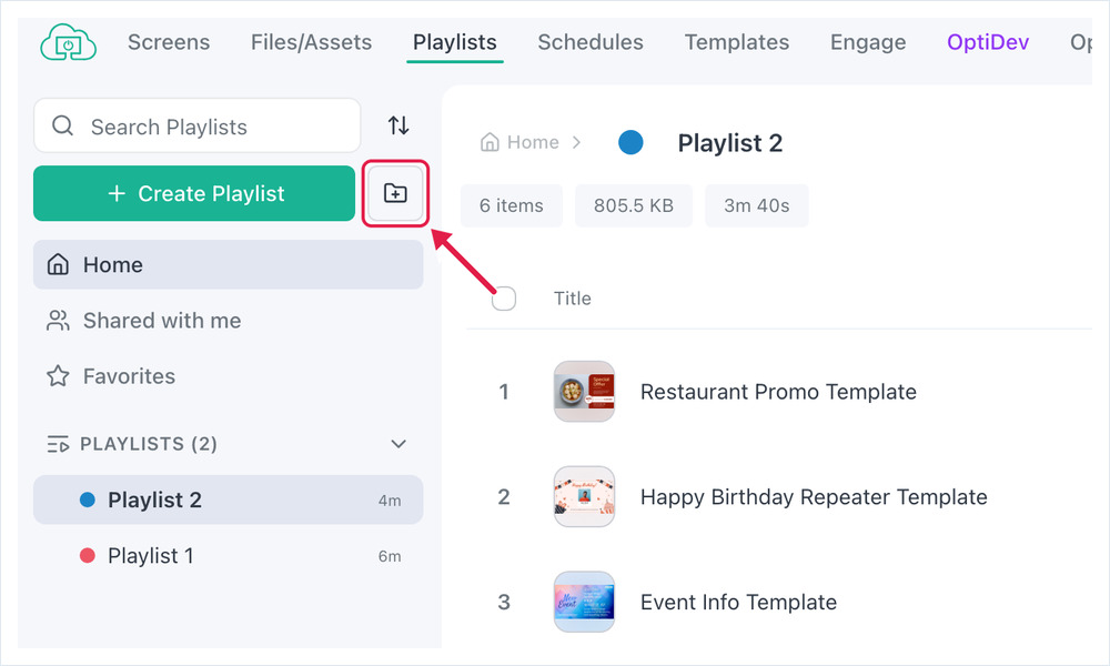 OptiSigns – Listes de lecture avec l’icône Ajouter un dossier mise en évidence près de Créer une playlist