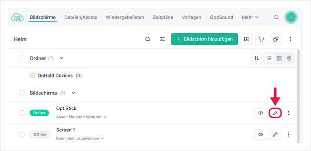 Zeile der Bildschirmliste mit hervorgehobener Schaltfläche Bearbeiten