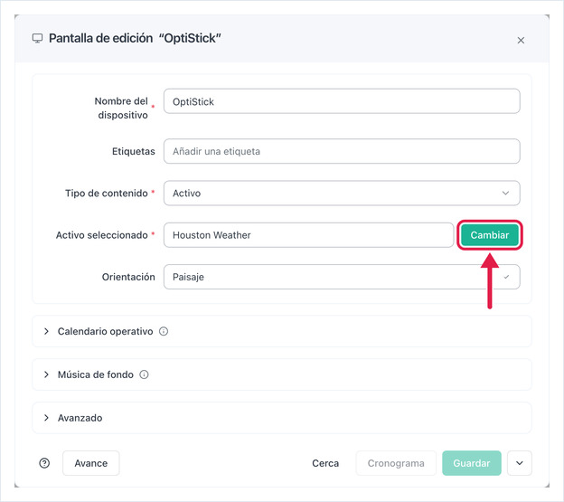 Diálogo Pantalla de edición con Tipo de contenido Activo y el botón Cambiar resaltado