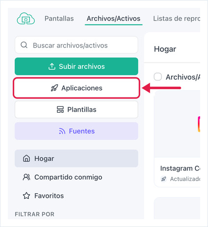 Página Archivos/Activos de OptiSigns con el botón Aplicaciones resaltado en la barra lateral