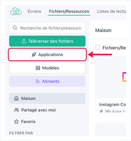 Page Fichiers/Ressources OptiSigns avec le bouton Applications mis en évidence