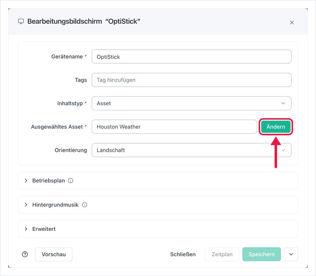 Dialog Bearbeitungsbildschirm, Inhaltstyp Asset, Schaltfläche Ändern hervorgehoben
