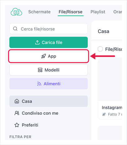 Pagina File/Risorse di OptiSigns con il pulsante App evidenziato nella barra laterale
