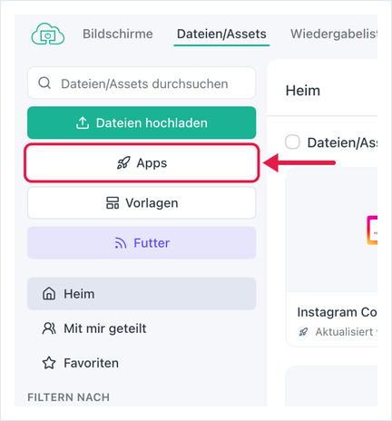 Seite Dateien/Assets mit hervorgehobener Schaltfläche Apps in der linken Seitenleiste