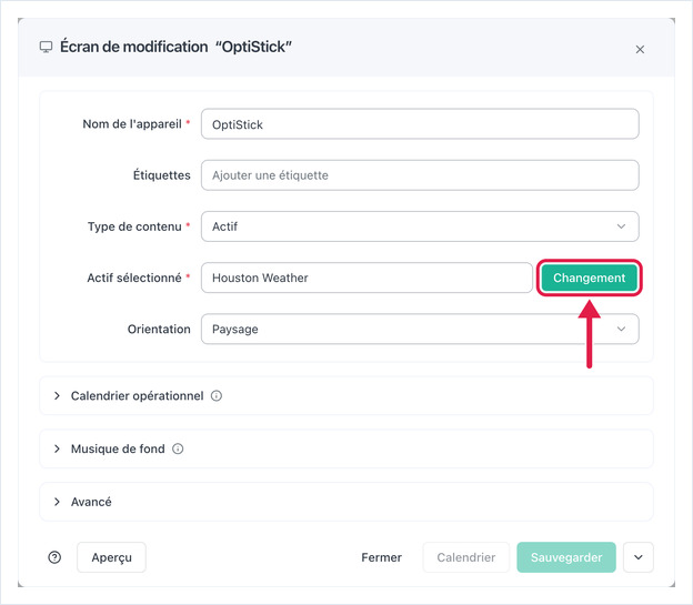 Écran de modification avec Type de contenu Actif et le bouton Changement en évidence