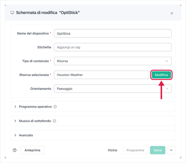 Schermata di modifica con Tipo di contenuto Risorsa e il pulsante Modifica evidenziato