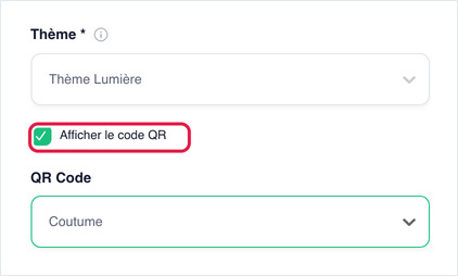 Afficher le code QR coché et la liste QR Code réglée sur Coutume