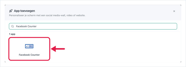 Dialoogvenster App toevoegen, gezocht op Facebook, app Facebook Counter gemarkeerd